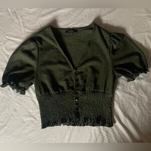 Green Puff Sleeve Buttoned Blouse Top